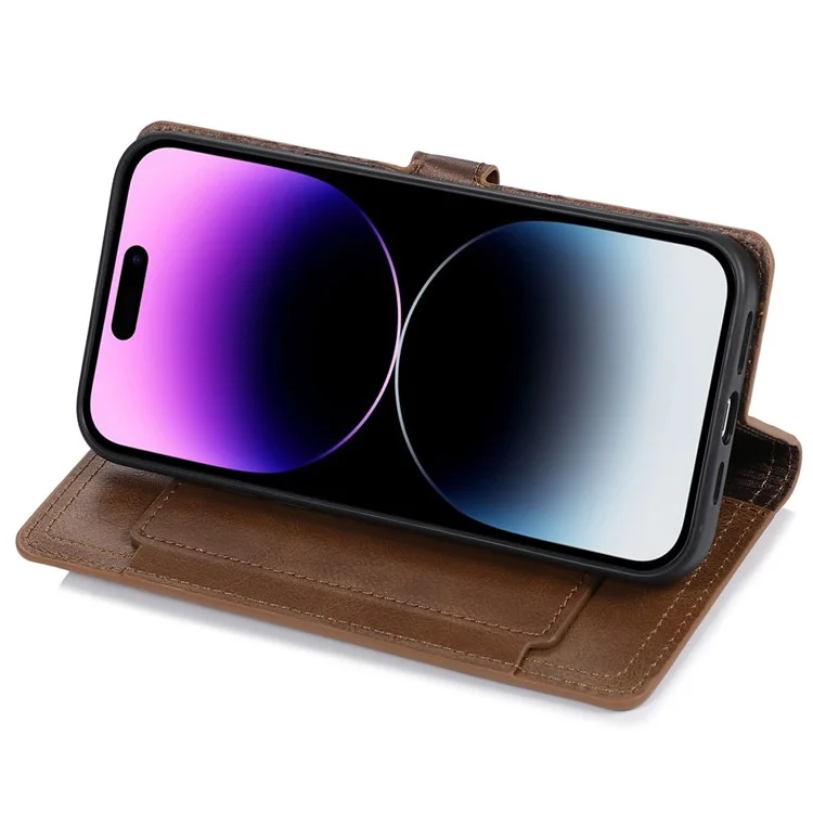 For iPhone 14 Pro Anti-scratch Zipper Pocket Phone Case Shockproof PU Leather Phone Flip Wallet Cover Stand with Magnetic Buckle - Brown