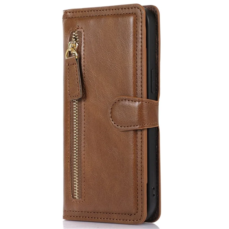 For iPhone 14 Pro Anti-scratch Zipper Pocket Phone Case Shockproof PU Leather Phone Flip Wallet Cover Stand with Magnetic Buckle - Brown