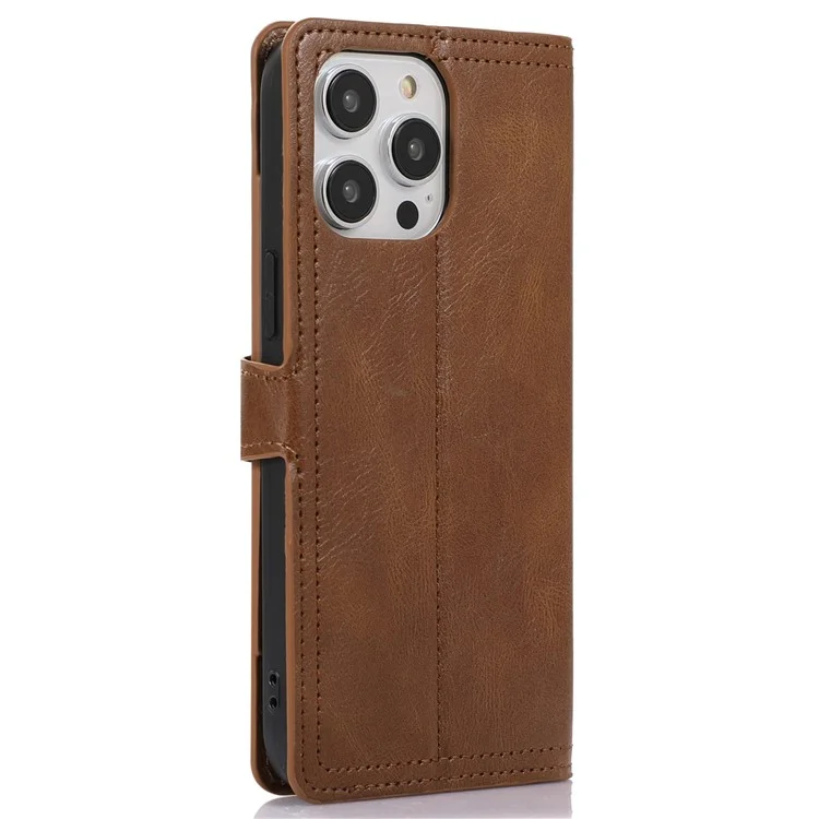 For iPhone 14 Pro Anti-scratch Zipper Pocket Phone Case Shockproof PU Leather Phone Flip Wallet Cover Stand with Magnetic Buckle - Brown