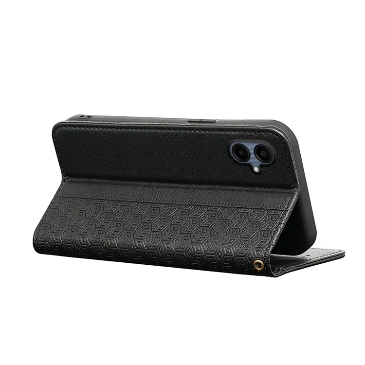 For Samsung Galaxy A06 4G Wallet Phone Case Strong Magnetic Checkered Pattern Imprint Leather Flip Cover - Black