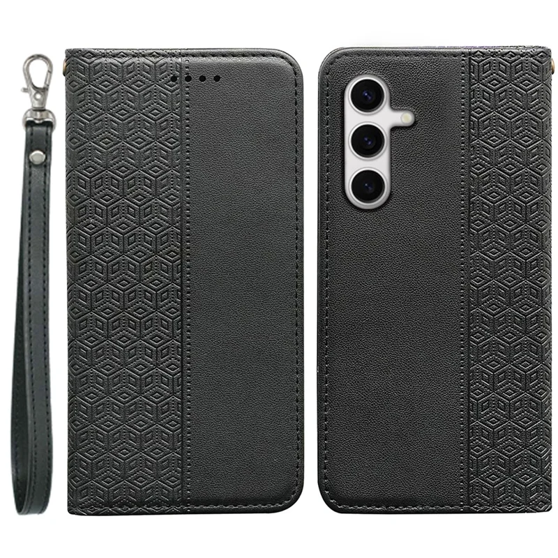 Para Samsung Galaxy S24 FE Wallet Phone Case Strong Magnetic Checkered Pattern Imprint Leather Flip Cover - Black