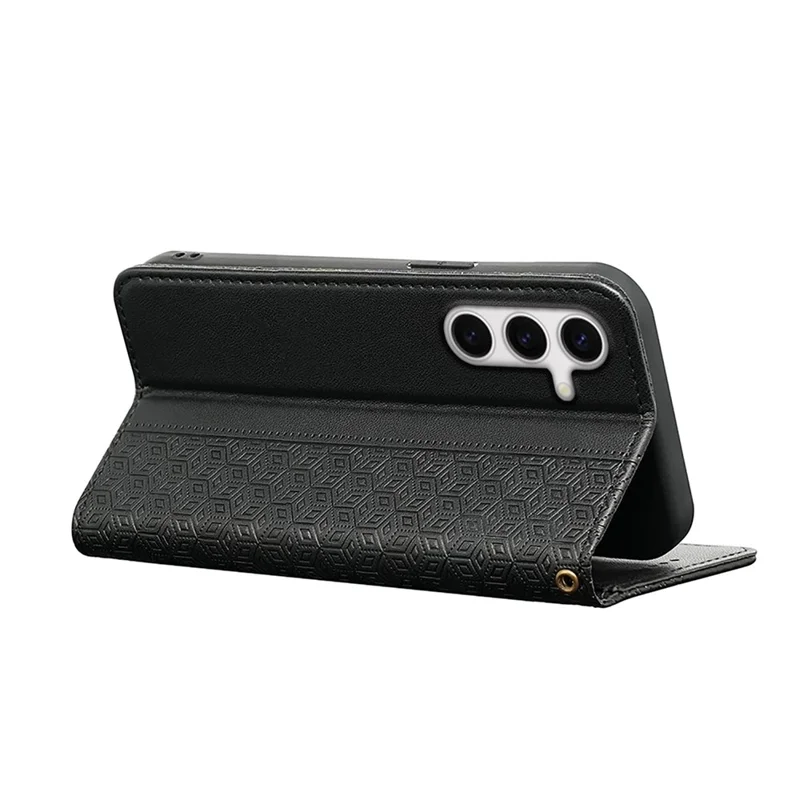 Para Samsung Galaxy S24 FE Wallet Phone Case Strong Magnetic Checkered Pattern Imprint Leather Flip Cover - Black