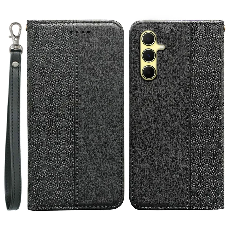 For Samsung Galaxy S24 Wallet Phone Case Checkered Pattern Imprint Leather Flip Cover with Wrist Strap - Black