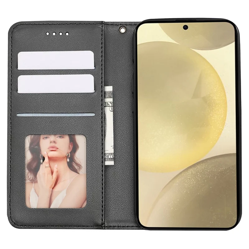 For Samsung Galaxy S24 Wallet Phone Case Checkered Pattern Imprint Leather Flip Cover with Wrist Strap - Black