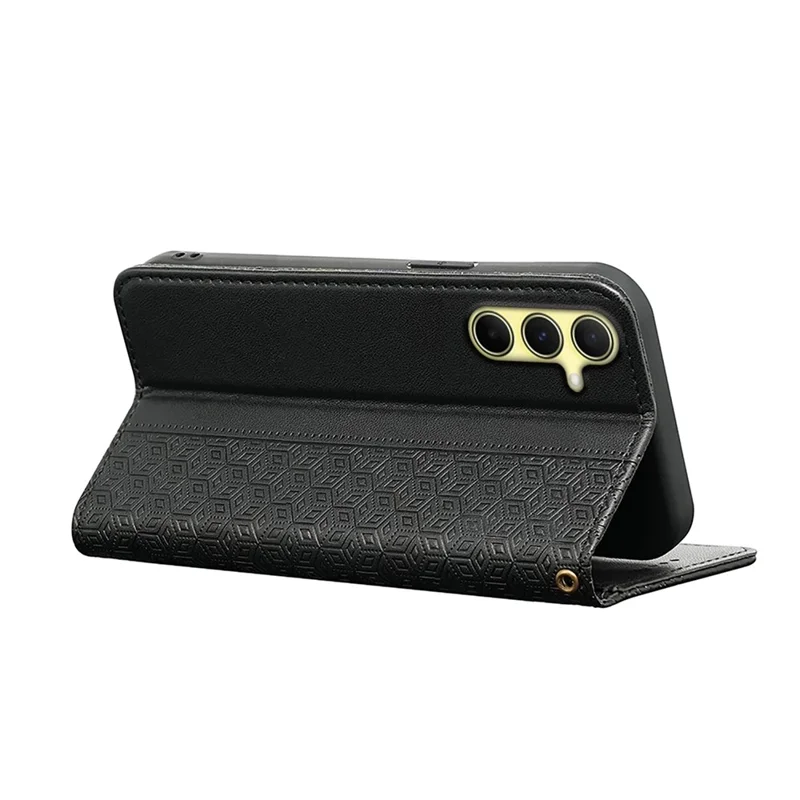 For Samsung Galaxy S24 Wallet Phone Case Checkered Pattern Imprint Leather Flip Cover with Wrist Strap - Black