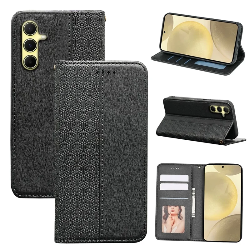 For Samsung Galaxy S24 Wallet Phone Case Checkered Pattern Imprint Leather Flip Cover with Wrist Strap - Black