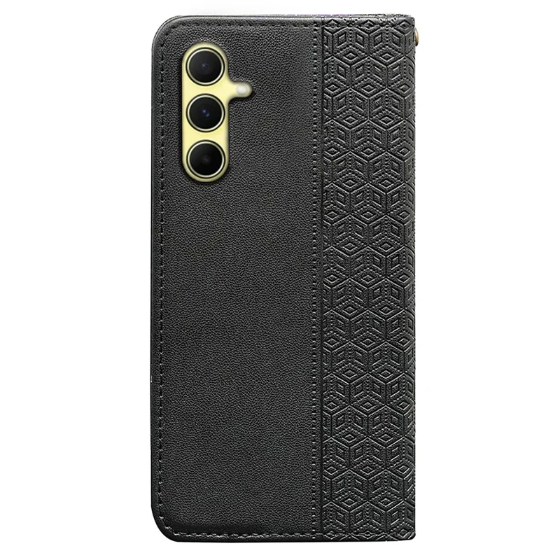 For Samsung Galaxy S24 Wallet Phone Case Checkered Pattern Imprint Leather Flip Cover with Wrist Strap - Black
