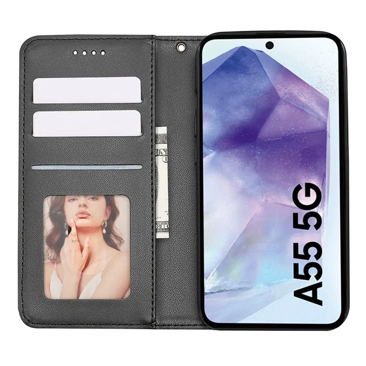 Para Samsung Galaxy A55 5G Wallet Phone Case Strong Magnetic Checkered Pattern Imprint Leather Flip Cover - Preto