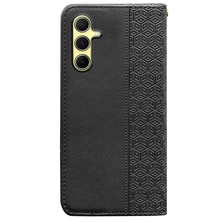 Para Samsung Galaxy A55 5G Wallet Phone Case Strong Magnetic Checkered Pattern Imprint Leather Flip Cover - Preto