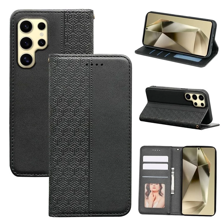 Pour Samsung Galaxy S24 Ultra Wallet Phone Case de Téléphone à Carreaux Magnétiques Strong Modèle D'empreinte en Cuir Couverture - Noir
