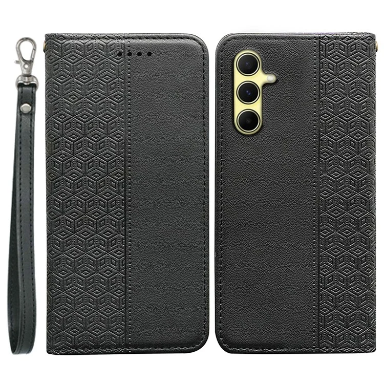 For Samsung Galaxy A15 4G / 5G Wallet Phone Case Strong Magnetic Checkered Pattern Imprint Leather Flip Cover - Black