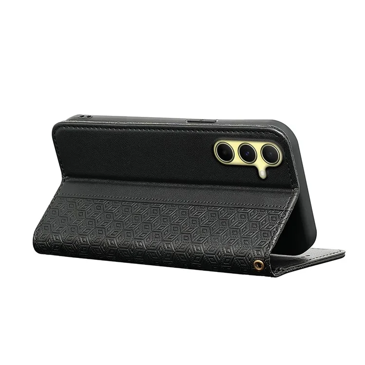 For Samsung Galaxy A15 4G / 5G Wallet Phone Case Strong Magnetic Checkered Pattern Imprint Leather Flip Cover - Black