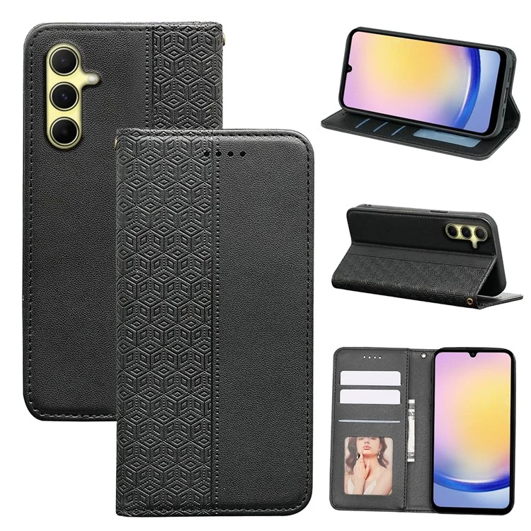 For Samsung Galaxy A15 4G / 5G Wallet Phone Case Strong Magnetic Checkered Pattern Imprint Leather Flip Cover - Black