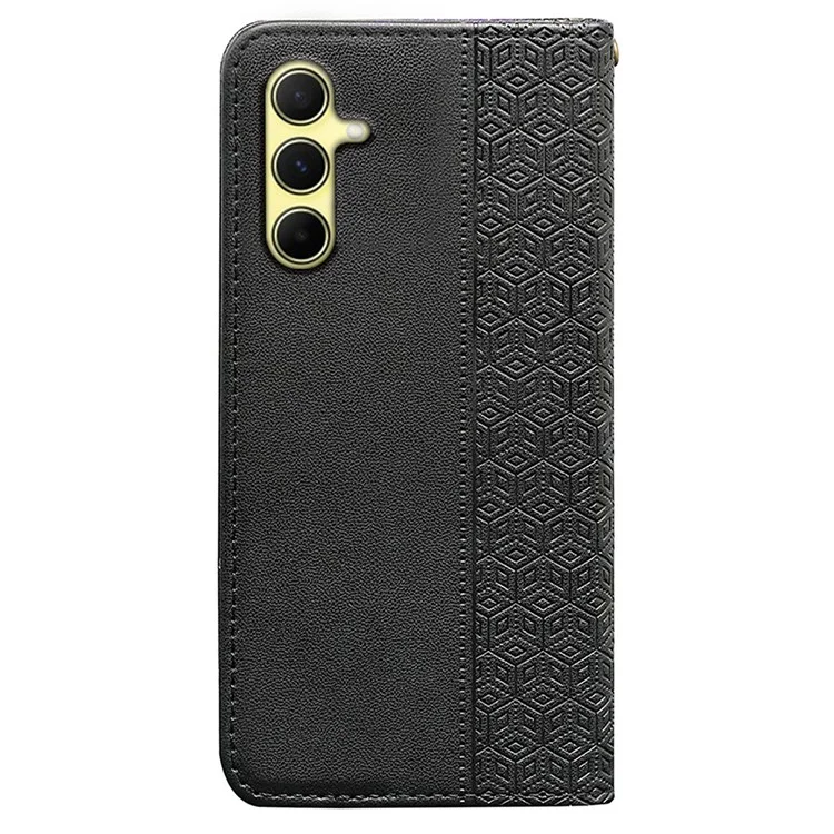 For Samsung Galaxy A15 4G / 5G Wallet Phone Case Strong Magnetic Checkered Pattern Imprint Leather Flip Cover - Black