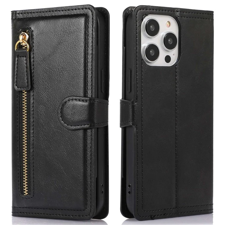 For iPhone 14 Pro Max Drop-proof Zipper Pocket Phone Flip Wallet Case with Magnetic Buckle Protective PU Leather Phone Cover Stand - Black