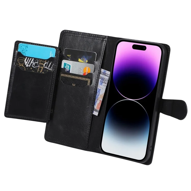 For iPhone 14 Pro Max Drop-proof Zipper Pocket Phone Flip Wallet Case with Magnetic Buckle Protective PU Leather Phone Cover Stand - Black