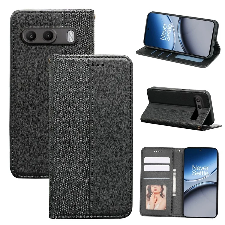For OnePlus Nord 4 Wallet Phone Case Strong Magnetic Checkered Pattern Imprint Leather Flip Cover - Black