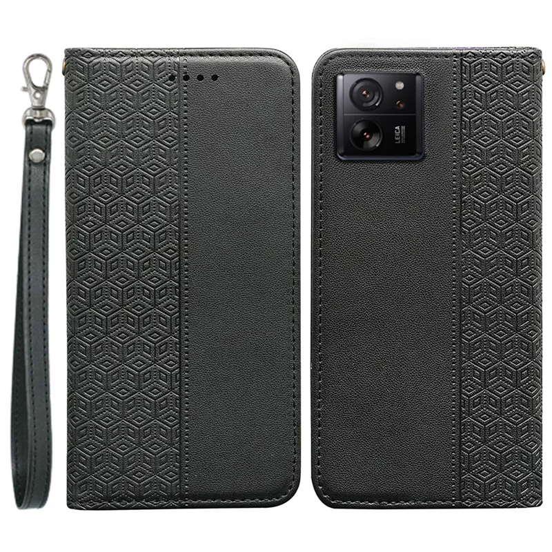 For Xiaomi 14T Wallet Phone Case Strong Magnetic Checkered Pattern Imprint Leather Flip Cover - Black