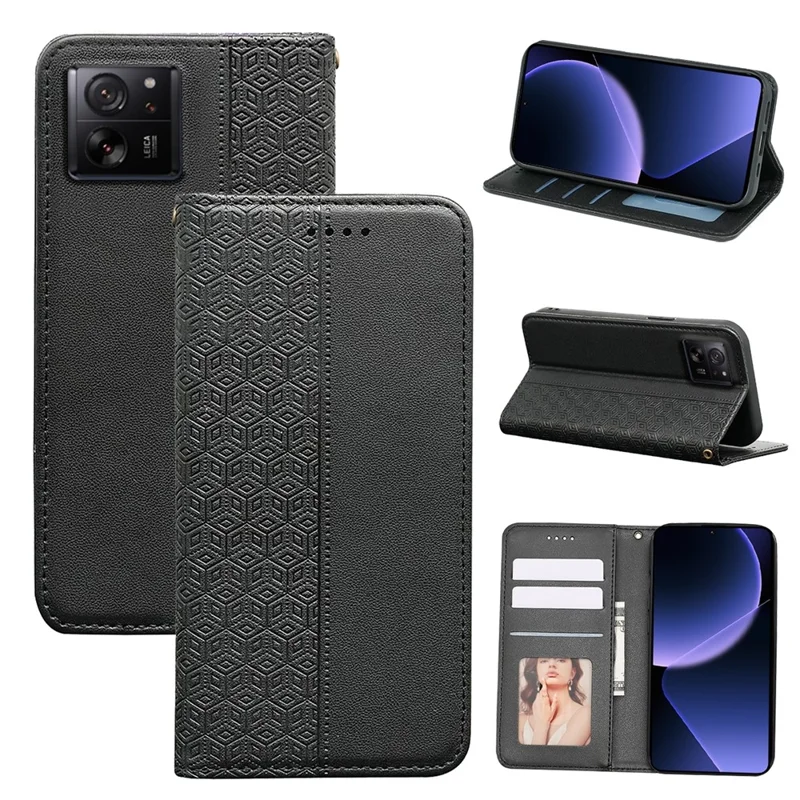 For Xiaomi 14T Wallet Phone Case Strong Magnetic Checkered Pattern Imprint Leather Flip Cover - Black