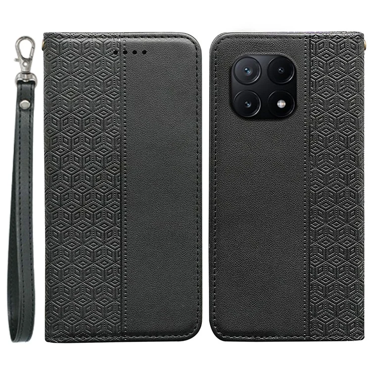 For Xiaomi Poco X6 Pro 5G / Redmi K70E 5G Wallet Phone Case Strong Magnetic Checkered Pattern Imprint Leather Flip Cover - Black