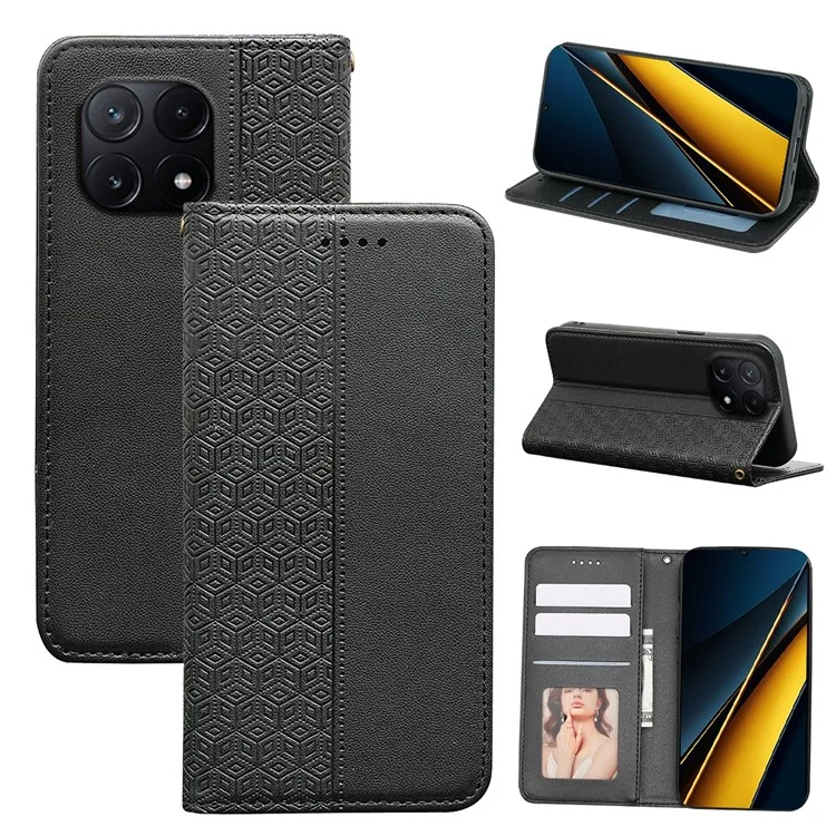 For Xiaomi Poco X6 Pro 5G / Redmi K70E 5G Wallet Phone Case Strong Magnetic Checkered Pattern Imprint Leather Flip Cover - Black
