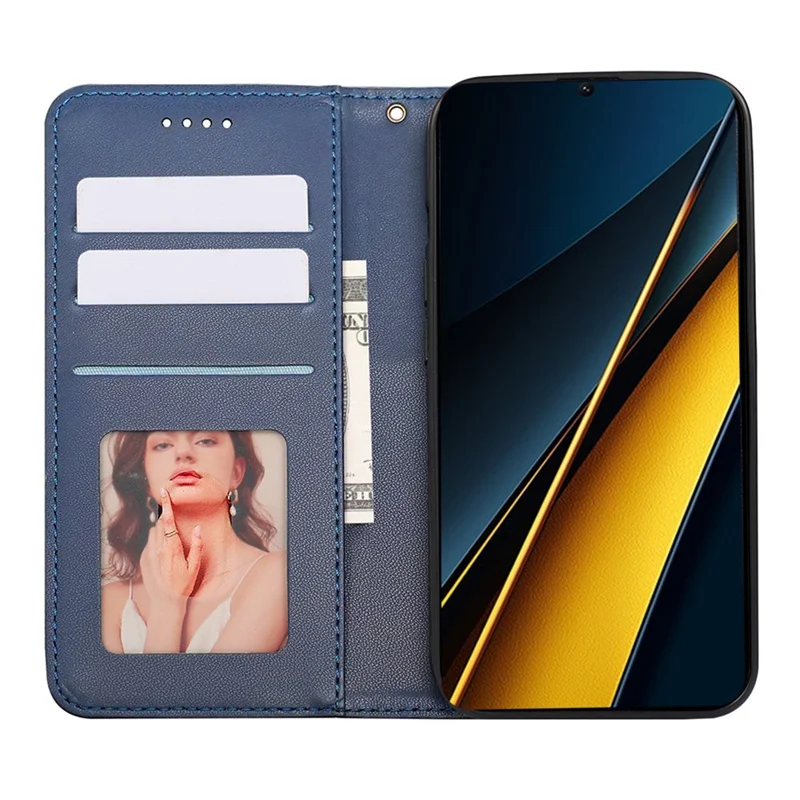 For Xiaomi Poco X6 Pro 5G / Redmi K70E 5G Wallet Phone Case Checkered Pattern Imprint Leather Flip Cover with Wrist Strap - Blue