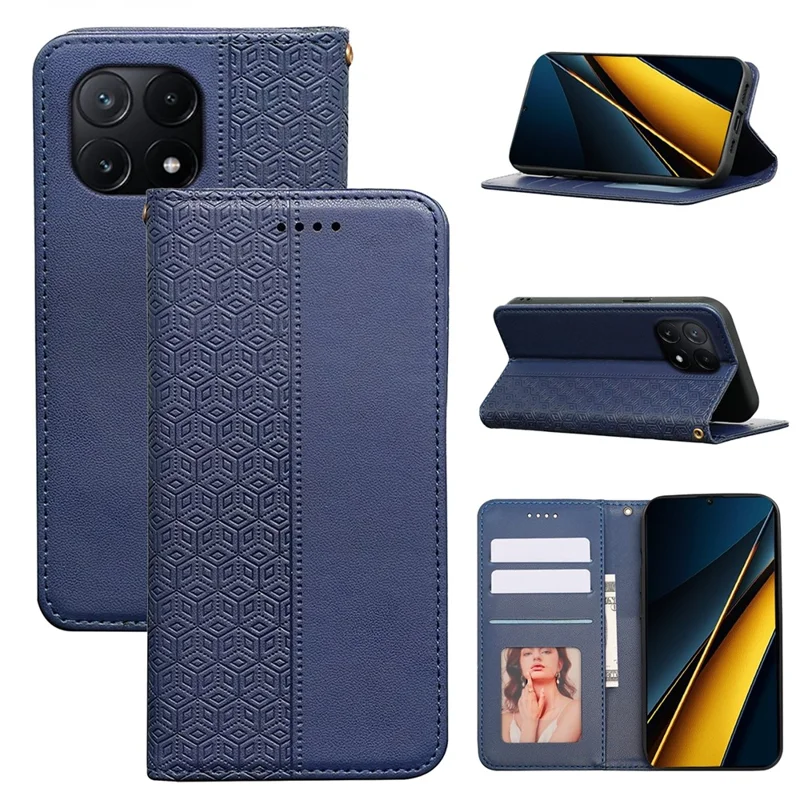 For Xiaomi Poco X6 Pro 5G / Redmi K70E 5G Wallet Phone Case Checkered Pattern Imprint Leather Flip Cover with Wrist Strap - Blue