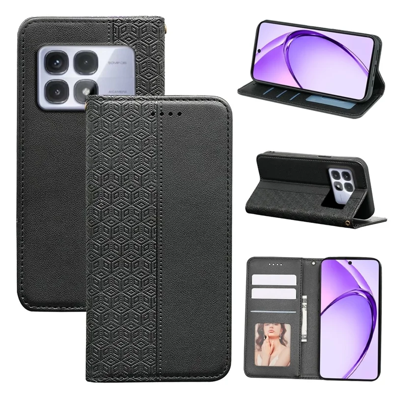 Pour Xiaomi Redmi K70 Ultra Wallet Phone Case de Téléphone à Carreaux Magnétiques Strong Modèle Imprimée Couverture de Court - Noir