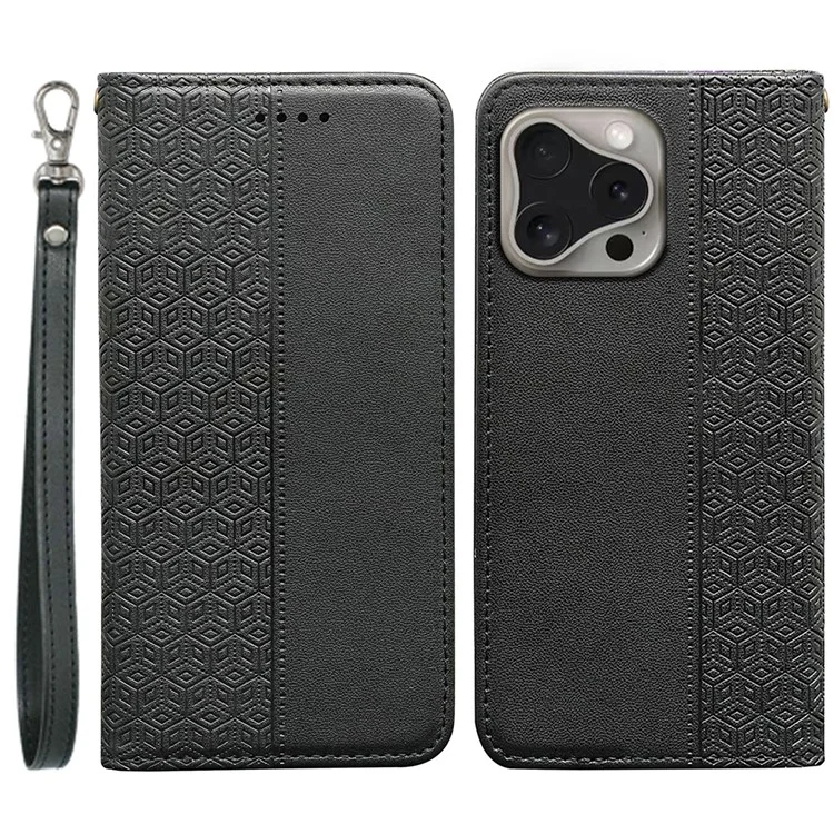For iPhone 16 Pro Max Wallet Phone Case Strong Magnetic Checkered Pattern Imprint Leather Flip Cover - Black