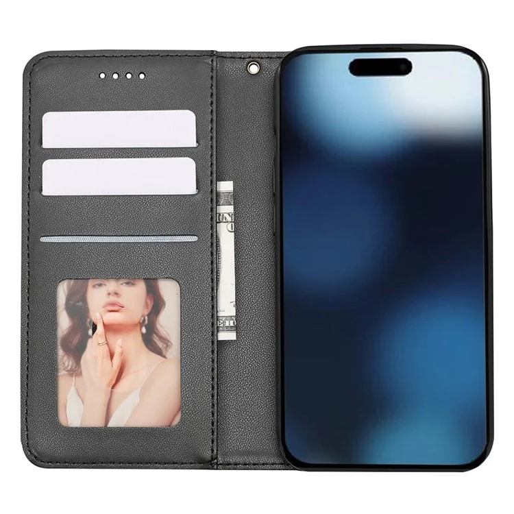 For iPhone 16 Pro Max Wallet Phone Case Strong Magnetic Checkered Pattern Imprint Leather Flip Cover - Black