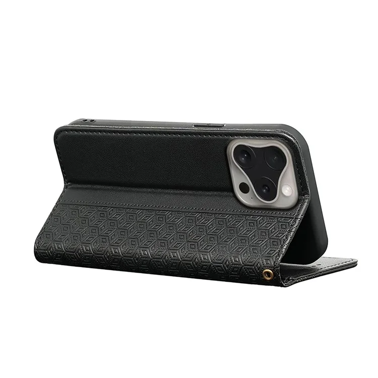 For iPhone 16 Pro Max Wallet Phone Case Strong Magnetic Checkered Pattern Imprint Leather Flip Cover - Black