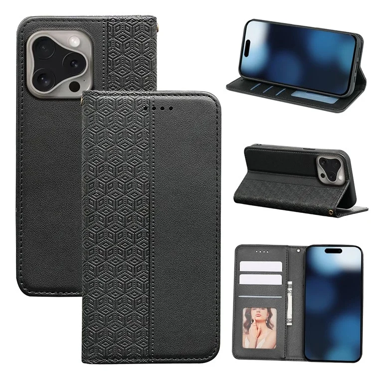 For iPhone 16 Pro Max Wallet Phone Case Strong Magnetic Checkered Pattern Imprint Leather Flip Cover - Black