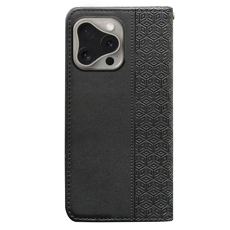 For iPhone 16 Pro Max Wallet Phone Case Strong Magnetic Checkered Pattern Imprint Leather Flip Cover - Black