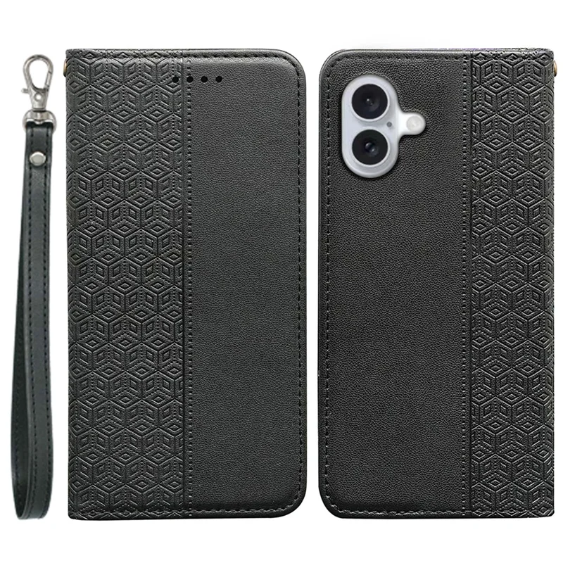 For iPhone 16 Wallet Phone Case Strong Magnetic Checkered Pattern Imprint Leather Flip Cover - Black