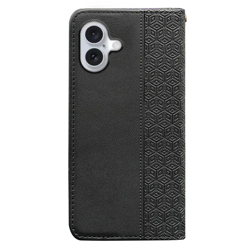 For iPhone 16 Wallet Phone Case Strong Magnetic Checkered Pattern Imprint Leather Flip Cover - Black