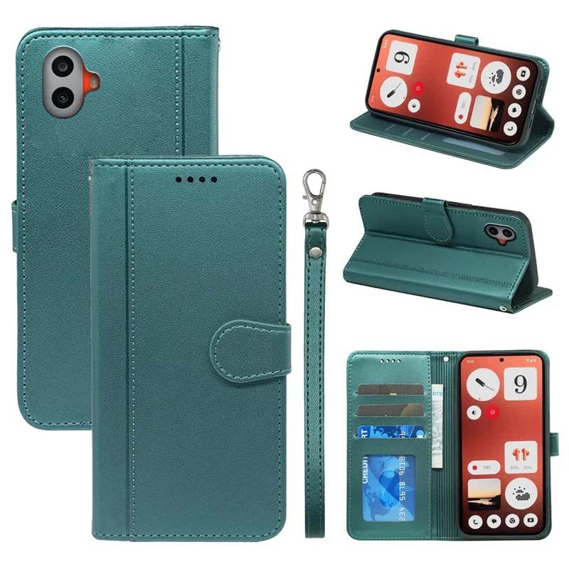 For Nothing CMF Phone 1 Wallet Case Magnetic Snap Leather Phone Cover with Strap - Green