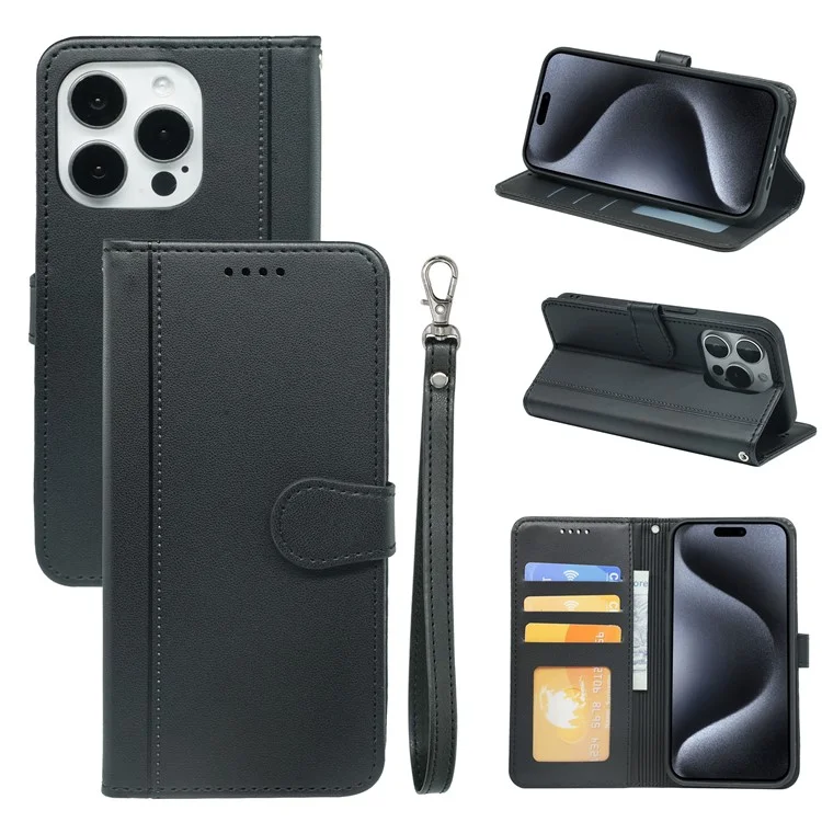 Per Iphone 16 Pro Wallet Case Magnetico Copertina di Telefono in Pelle a Scatto Con Cinturino - Nero