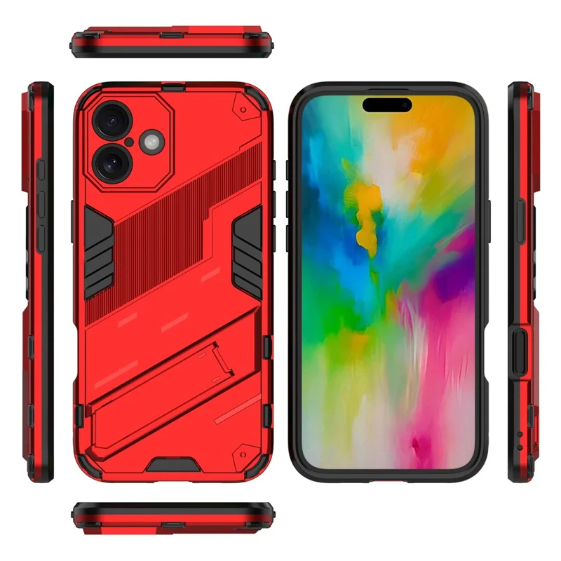 For iPhone 16 Case PC+TPU Shockproof Phone Cover with Kickstand - Red