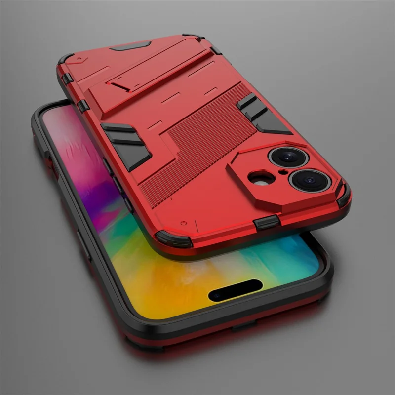 For iPhone 16 Case PC+TPU Shockproof Phone Cover with Kickstand - Red