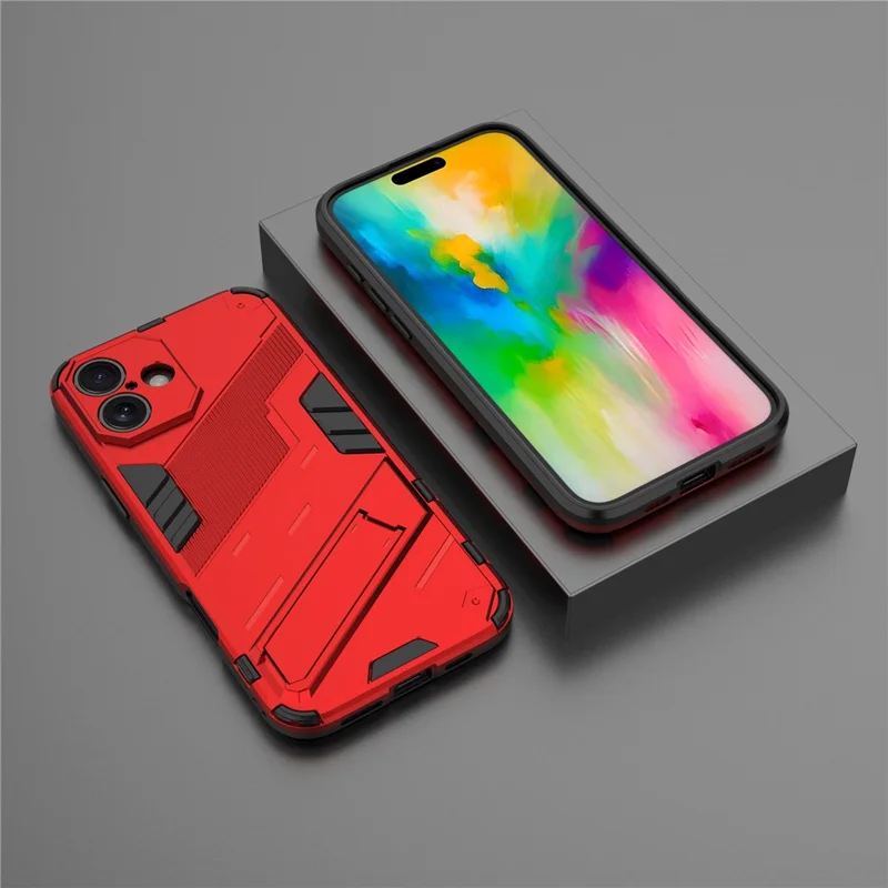 For iPhone 16 Case PC+TPU Shockproof Phone Cover with Kickstand - Red