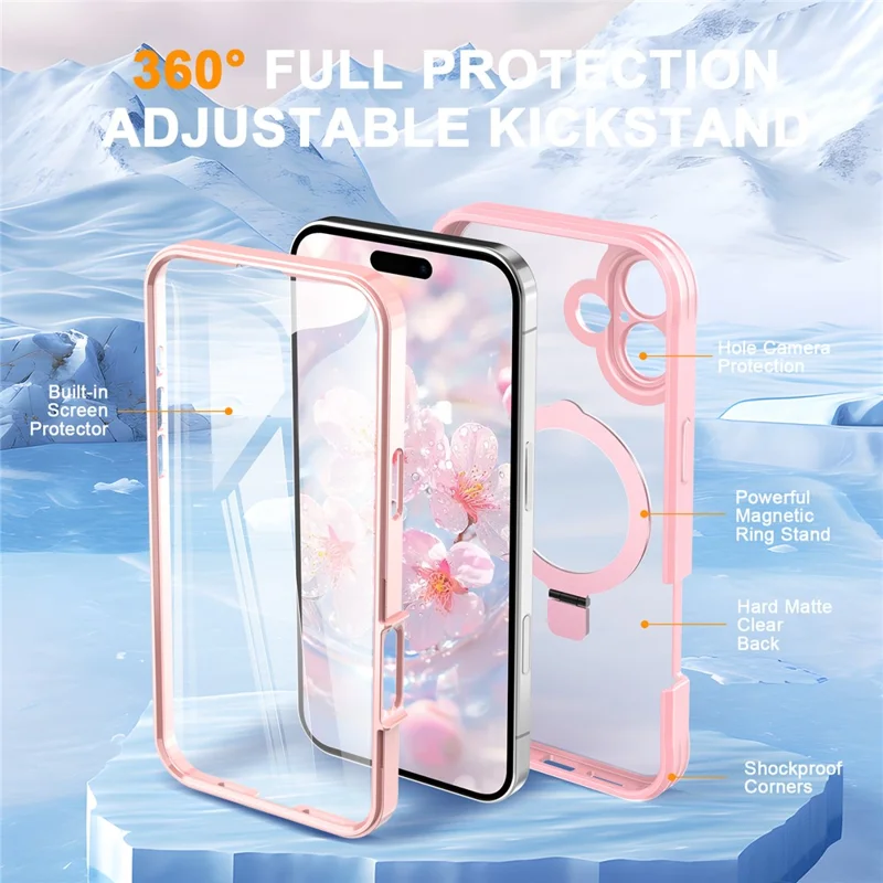 Para Iphone 16 Plus Case Skin Touch Color Solid TPU+PC Tampa de Telefone Com Kickstand Magnético - Rosa