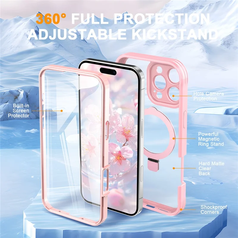 Para Iphone 16 Pro Case Skin Touch Color Solid TPU+PC Tampa de Telefone Com Magnetic Kickstand Pet Screen Protector - Rosa