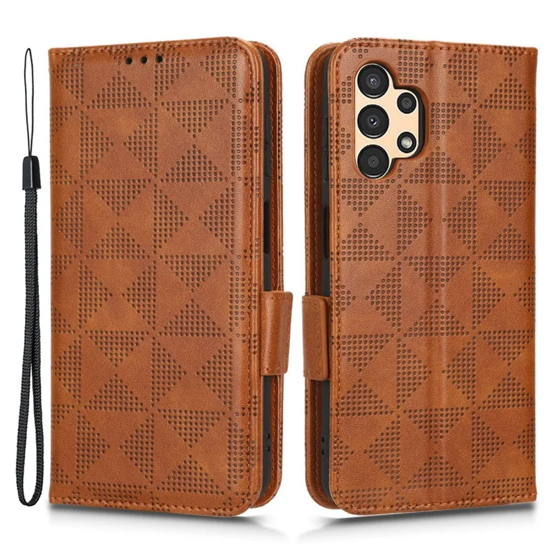 For Samsung Galaxy A13 4G Imprinted Triangle Pattern Anti-scratch PU Leather Case Wallet Foldable Stand Phone Cover - Brown