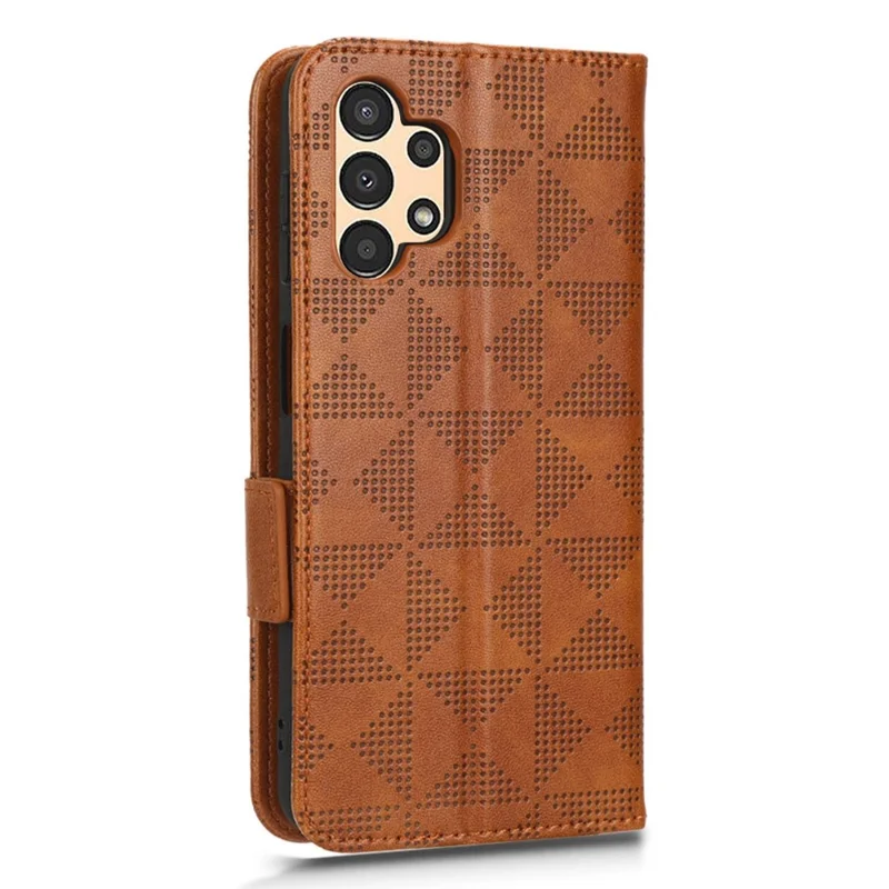 For Samsung Galaxy A13 4G Imprinted Triangle Pattern Anti-scratch PU Leather Case Wallet Foldable Stand Phone Cover - Brown