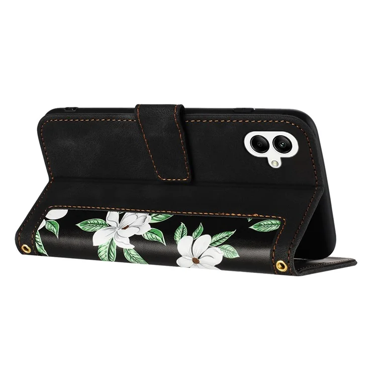 Para Samsung Galaxy A06 Caso PU Cover de Telefone Floral Com Slots de Cartão - Preto
