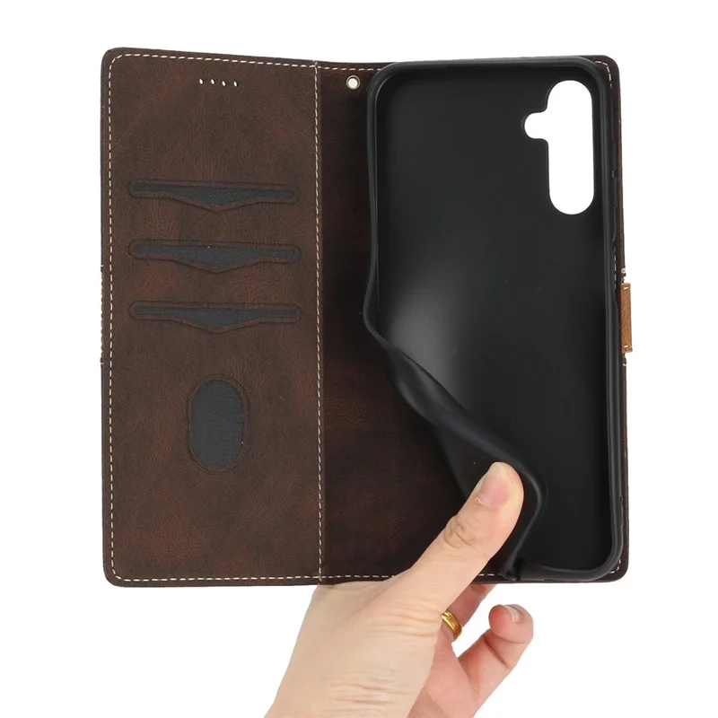 For Samsung Galaxy S24 FE Leather Case Grid Splicing Stand Wallet Phone Cover - Brown