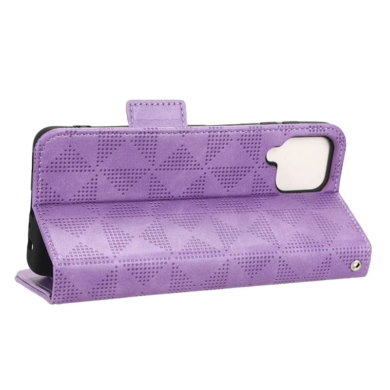 For Samsung Galaxy A12 / M12 PU Leather Stand Wallet Case Imprinted Triangle Pattern All-round Protection Phone Cover - Purple