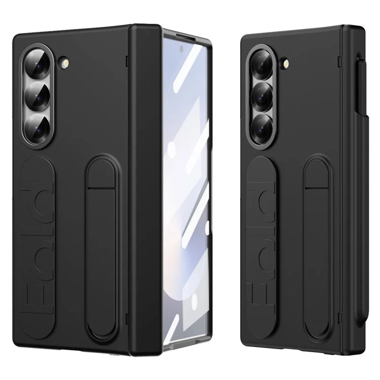 For Samsung Galaxy Z Fold6 5G Case Kickstand Wristband PC Phone Cover with Tempered Glass Film - Black