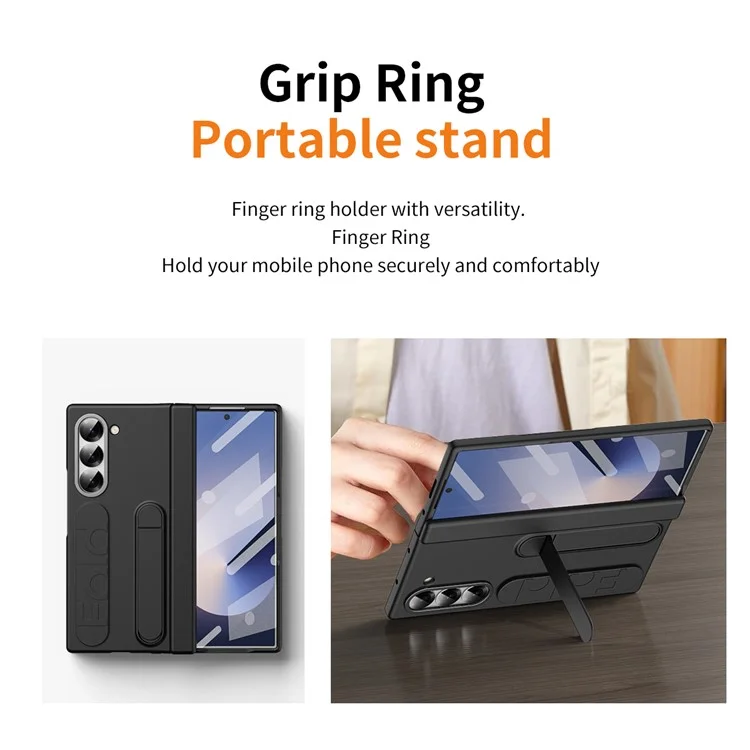 For Samsung Galaxy Z Fold6 5G Case Kickstand Wristband PC Phone Cover with Tempered Glass Film - Black