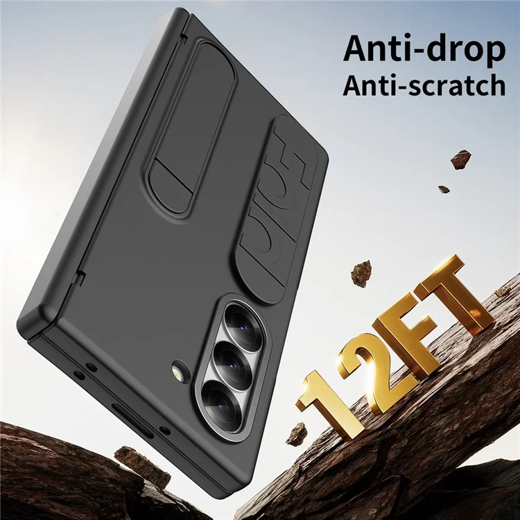 For Samsung Galaxy Z Fold6 5G Case Kickstand Wristband PC Phone Cover with Tempered Glass Film - Black